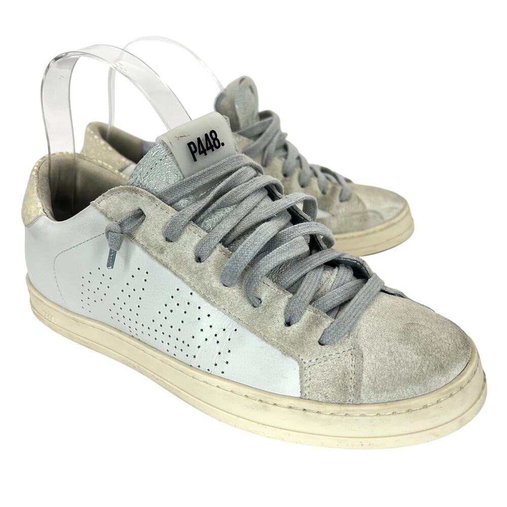 P448 John Sneaker White Leather Perforated Logo Gray Suede Lace Up 38